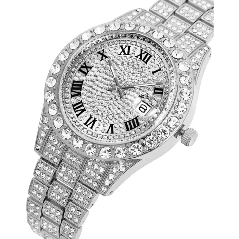 Men's Diamond Silver Big Rocks Roman Numerals Fully Iced Out Colorful Dial Watch